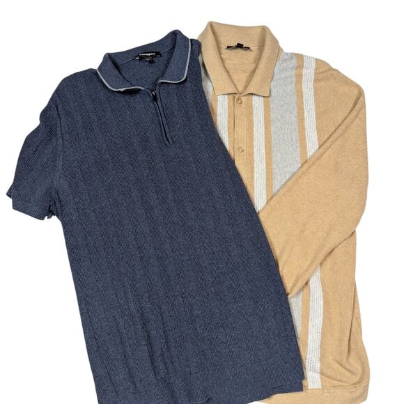 Express Men Sweater Set of 2 Long Sleeve Tan and Short Sleeve Blue Sweaters XL - Picture 1 of 16